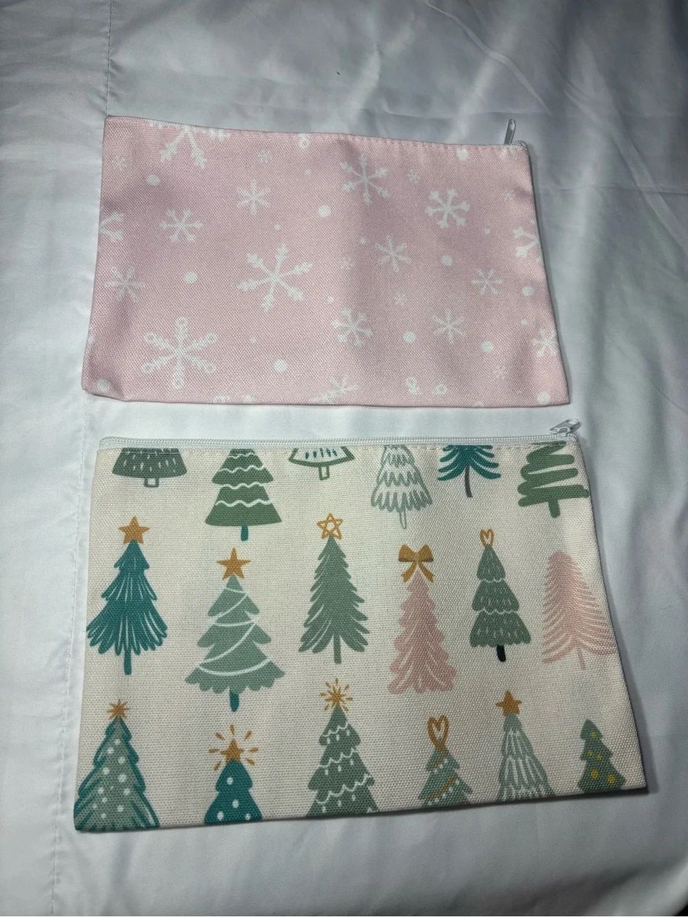 2 New Festive Tree & Pink Snowflake Canvas Cosmetic Pouches